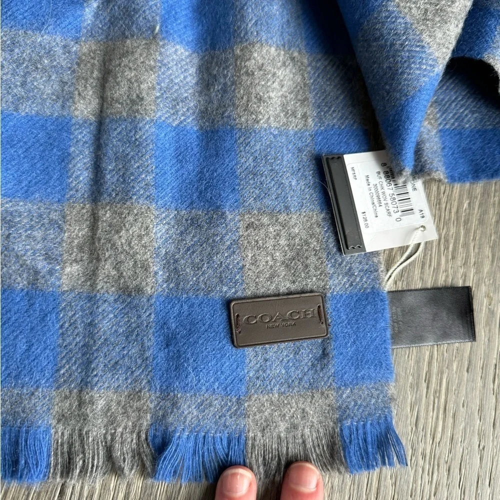 Coach Buffalo Check Woven Wool/Cashmere Blend Scarf in Cobalt/Grey